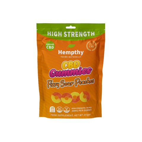 Hempthy 1000mg CBD Fizzy Sour Peach Rings Gummies - 50 Pieces